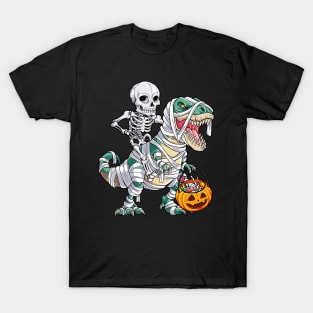 Skeleton riding mummy dinosaur t rex halloween kids boys men T-Shirt